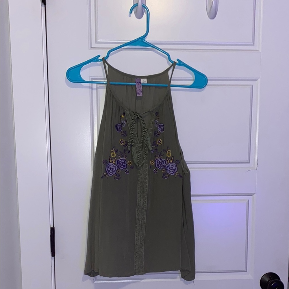 Alya Olive Tank Top with Purple Floral Embroidery